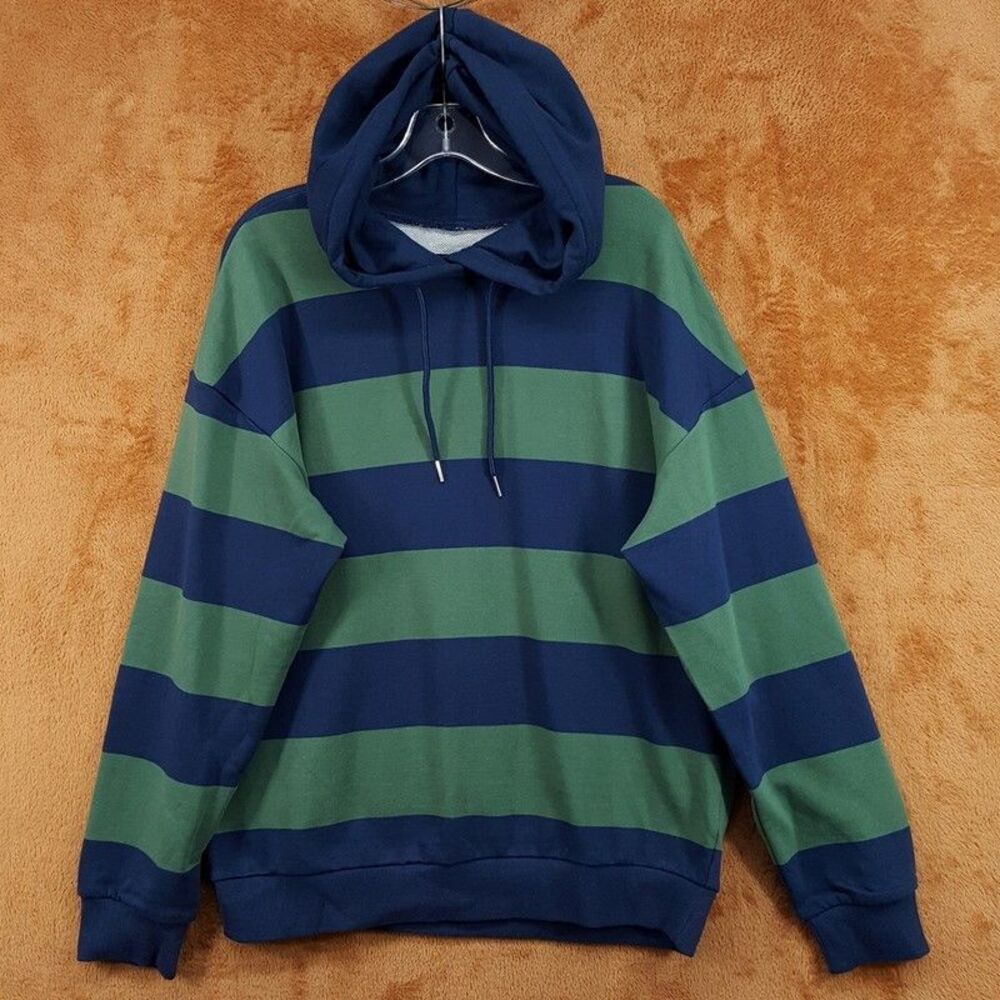 ORIGINAL USE Shirt Mens Medium Blue Green Stripe Hooded Heavyweight Knit